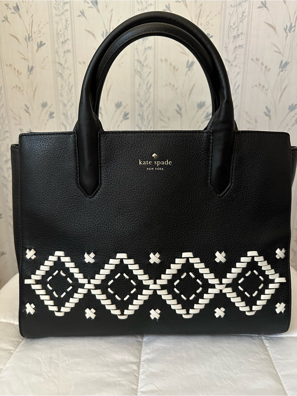 Kate Spade Black Leather Tote with White Woven Detail